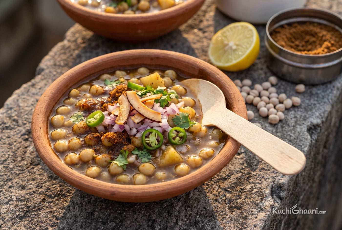 Ghugni, plump soft white peas and small potato cubes in a thin dark brown gravy