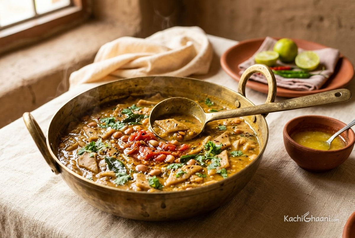 Gujarati dal dhokli simmering in a brass kadhai, with a bowl of ghee on the side