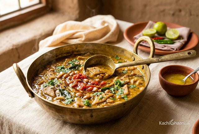 Gujarati dal dhokli simmering in a brass kadhai, with a bowl of ghee on the side