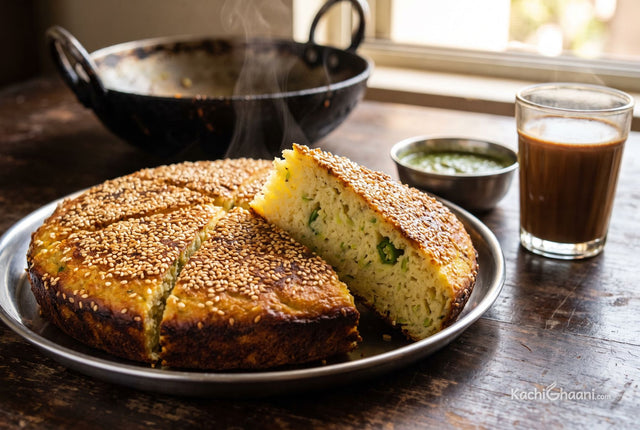 Handvo, a thick round Gujarati savoury lentil and rice cake cut into wedges