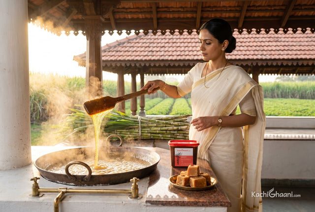 How is jaggery made? A woman stirs bubbling cane juice in a wide open iron pan with a wooden paddle, a jaggery tub beside her