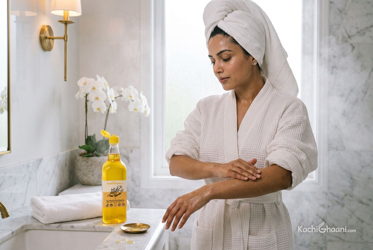 Woman smoothing sesame oil onto her damp forearm after a shower, showing how to use body oil, in a marble bathroom