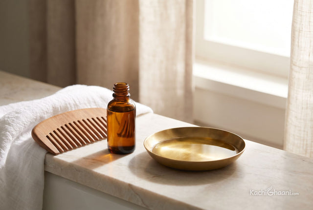 How to wash hair oil out properly, without stripping your hair, a small amber glass bottle of hair oil with the cap off beside a wide-toothed wooden comb and a folded