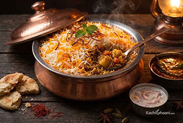 Hyderabadi Vegetable Biryani, a heavy copper handi of Hyderabadi vegetable dum biryani with the lid lifted away