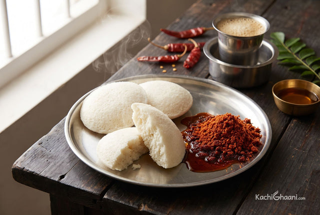 Idli with Milagai Podi, three soft white idlis on a round steel plate, one split open with steam rising from the crack