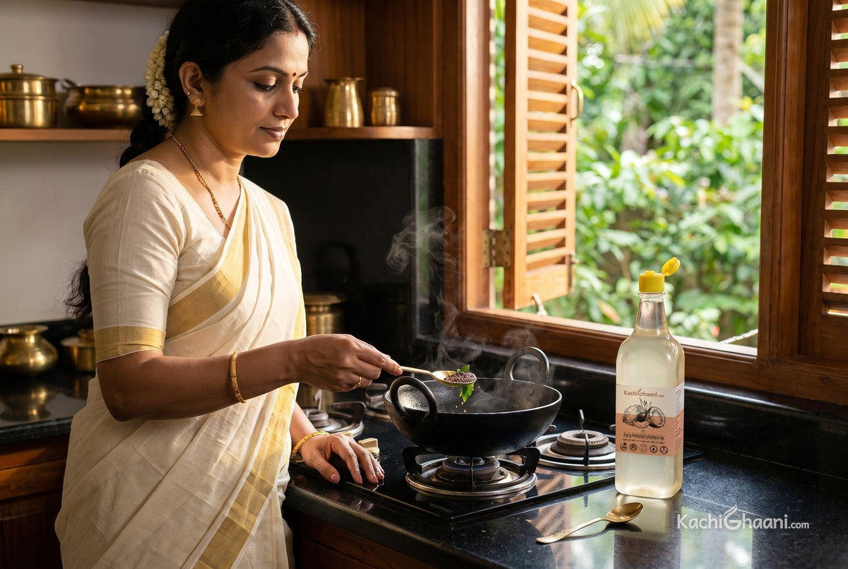 Is coconut oil good for you? A Malayali woman tempers curry leaves in just a spoon of coconut oil in her Kerala kitchen