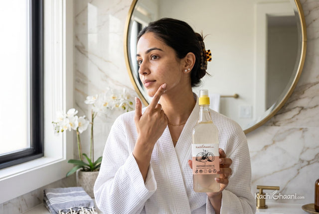 Woman patch testing coconut oil on her jawline at a marble bathroom mirror, checking: is coconut oil good for your skin