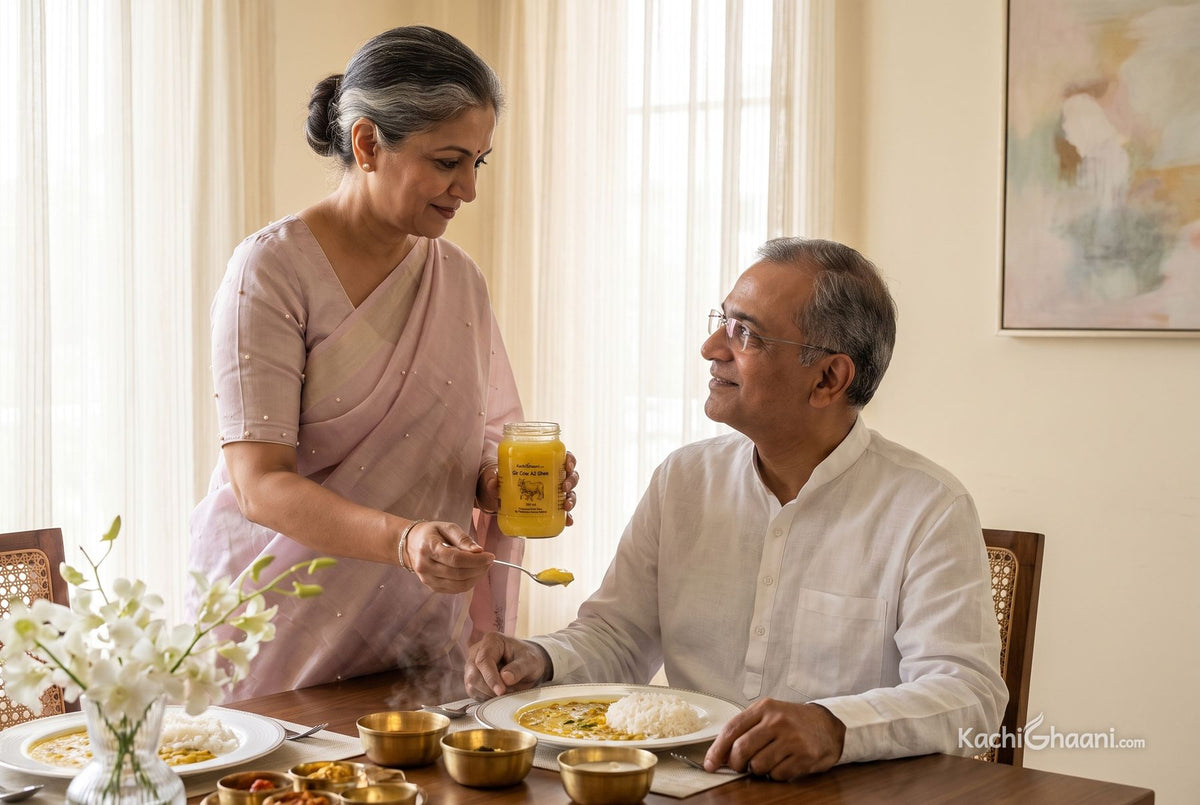Is ghee healthy? An Indian woman adds one measured teaspoon of A2 ghee to her husband's dal and rice at a family lunch
