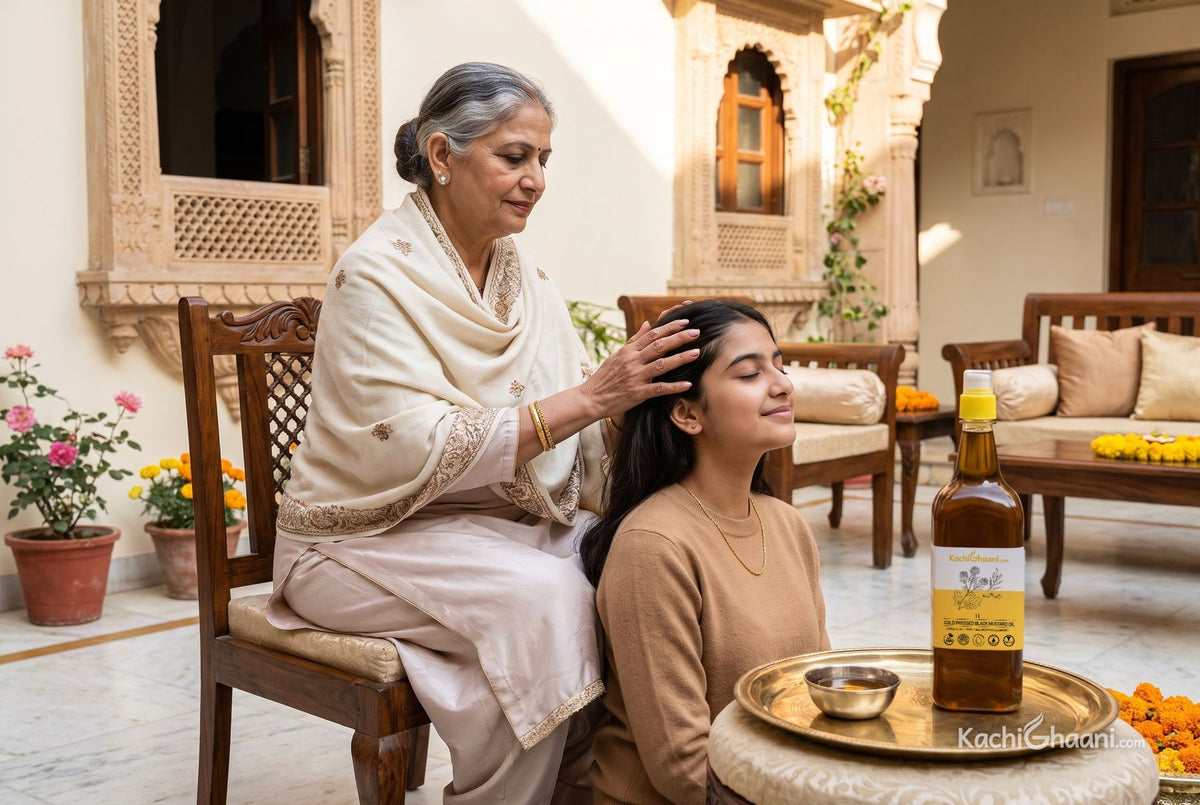 Is mustard oil good for hair? A grandmother massages warm oil into her granddaughter's scalp in a sunny haveli courtyard