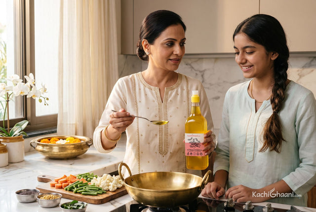 Is peanut oil healthy? A Gujarati mother measures a tablespoon of groundnut oil into a brass kadai as her daughter watches