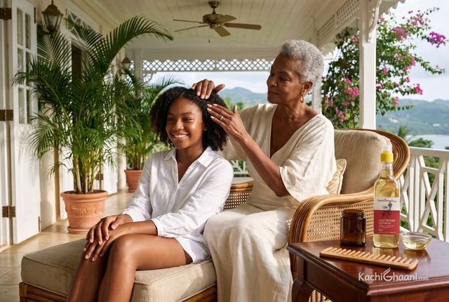 Jamaican grandmother oiling her granddaughter's scalp, cold pressed castor oil beside a jar of Jamaican black castor oil
