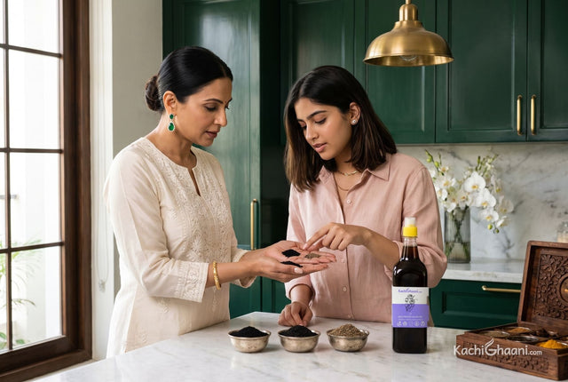 Woman holding three heaps of black seeds to show kalonji in English is nigella, not shahi jeera or black sesame