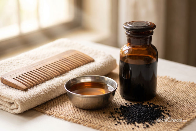 Kalonji oil for hair and scalp, a small dark glass bottle of near-black kalonji oil beside a steel katori holding a blended amber oil