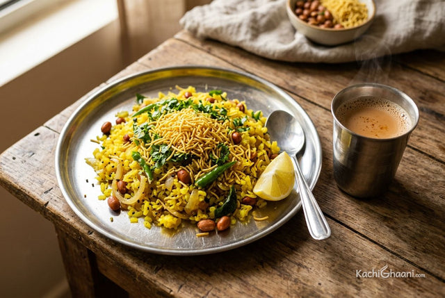 Kanda poha with peanuts, sev and a lemon wedge on a steel plate, with a glass of chai