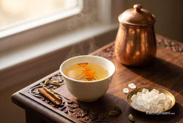 Kashmiri Kahwa, a small handleless porcelain cup of Kashmiri kahwa on a carved walnut wood surface