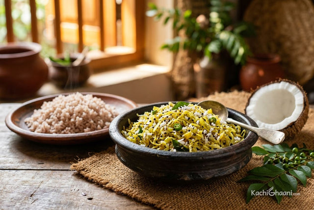 Kerala cabbage thoran with grated coconut in a clay bowl, served with red matta rice