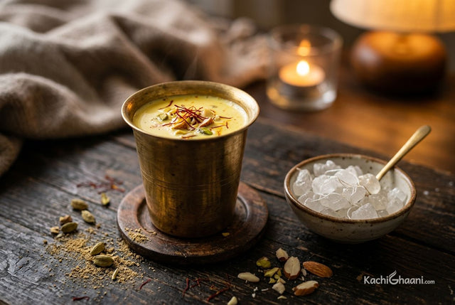 A brass glass of warm kesar doodh with a small bowl of dhaga mishri beside it