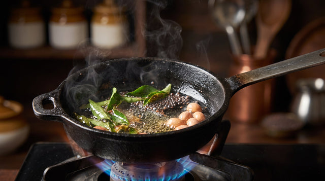 Black mustard seeds, curry leaves and peanuts sizzling in hot oil in a cast iron tadka pan over a gas flame.