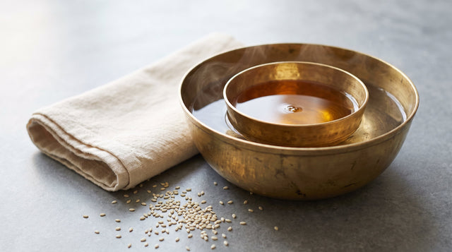 A small brass bowl of amber sesame oil sitting in a larger bowl of hot water beside a folded cotton towel.