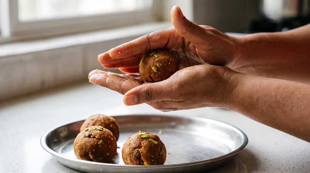Two hands rolling a roasted brown besan laddoo above a steel plate of finished laddoos topped with pistachio.