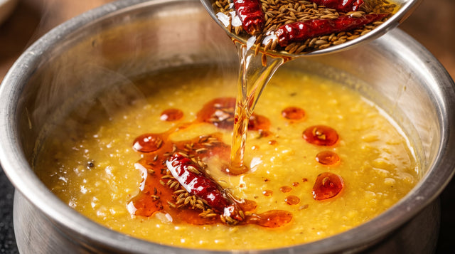 Red ghee with cumin seeds and whole dried red chillies being poured over a steel bowl of thick yellow dal.
