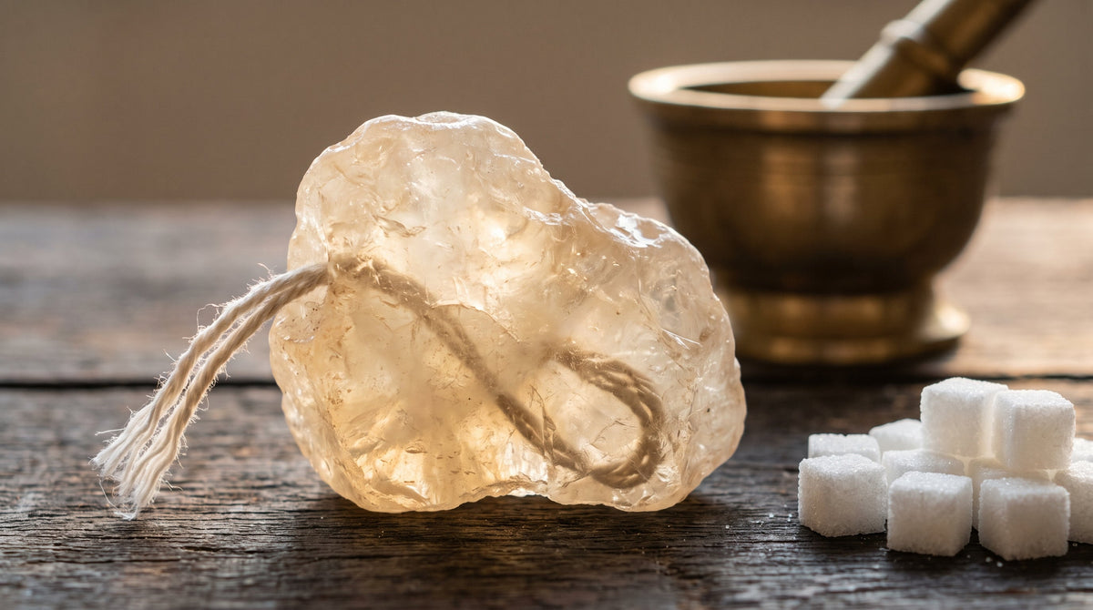 A large irregular rock sugar crystal with a cotton thread running through it, beside a pile of uniform white sugar.