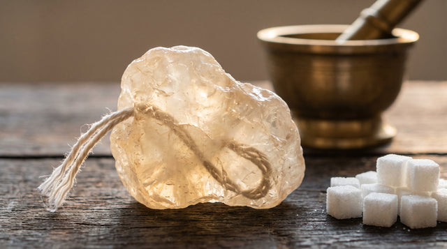 A large irregular rock sugar crystal with a cotton thread running through it, beside a pile of uniform white sugar.