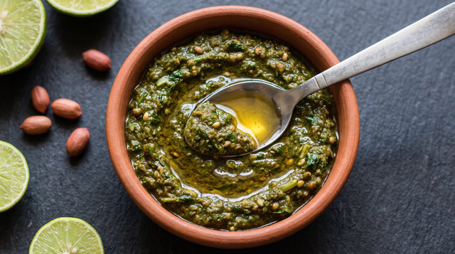 A steel spoon folding golden oil into fresh green coriander and mint chutney in a terracotta bowl.