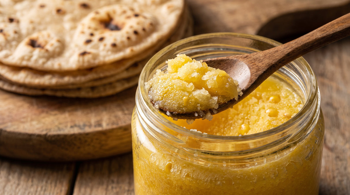 Granular golden cow ghee in a plain glass jar with a wooden spoon, with warm rotis in the background.