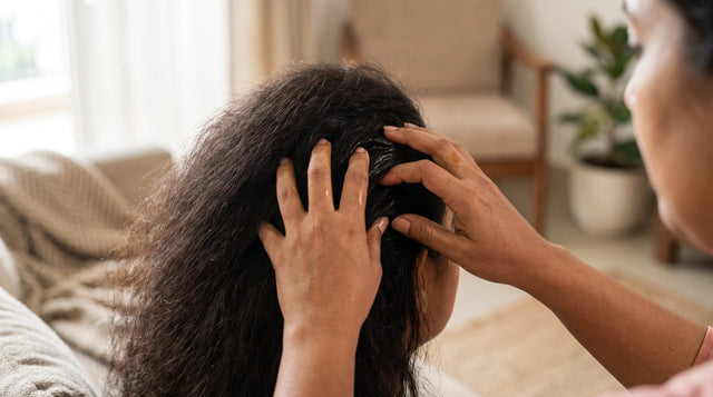 Hands massaging warm oil into the roots of thick dark hair in a softly lit room.