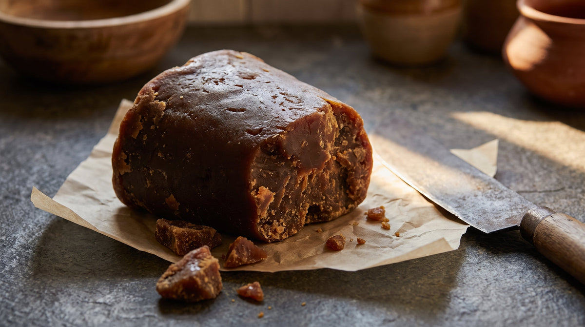 A rough block of dark brown jaggery with chipped pieces on parchment paper next to a heavy iron knife.