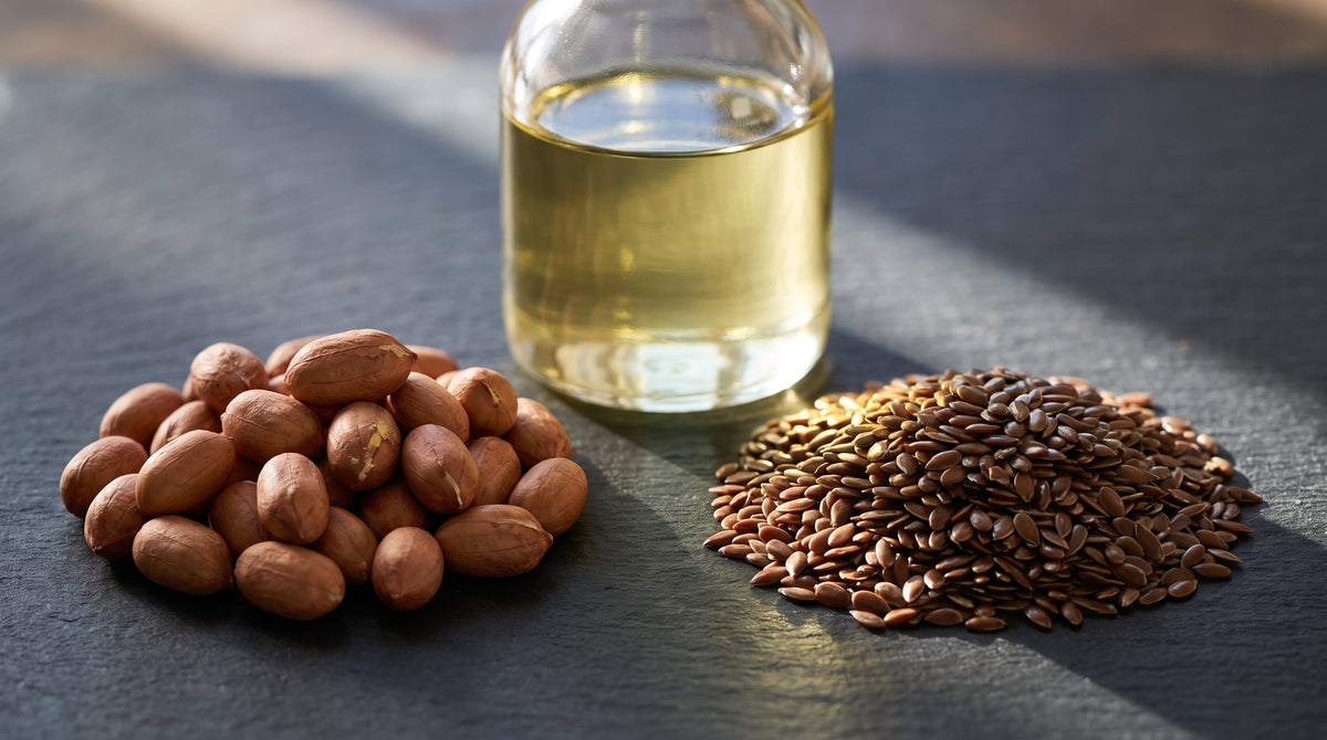 A clear glass cruet of golden oil between a pile of brown groundnuts and a mound of dark glossy flaxseeds.