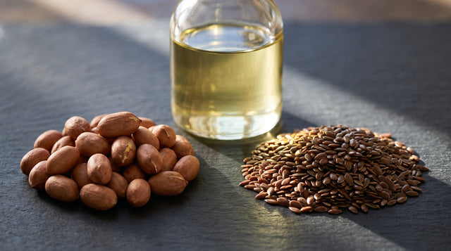 A clear glass cruet of golden oil between a pile of brown groundnuts and a mound of dark glossy flaxseeds.