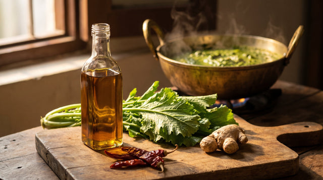 A plain glass bottle of golden oil beside fresh mustard greens, ginger and dried red chillies, with a brass kadhai behind.