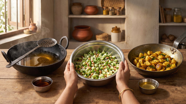 A kitchen counter with a kadhai of hot oil, a bowl of koshimbir and a pan of dry aloo sabzi, each beside a bowl of oil.