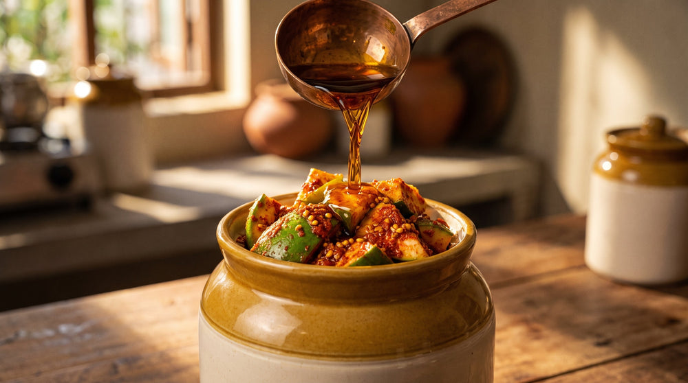 A copper ladle pouring dark amber oil over raw green mango pieces coated in red spices inside a traditional ceramic jar.