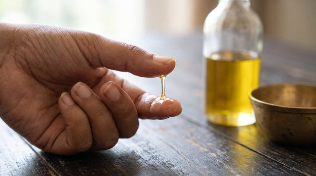 Close-up of fingers drawing apart to show a thick viscous string of golden oil.