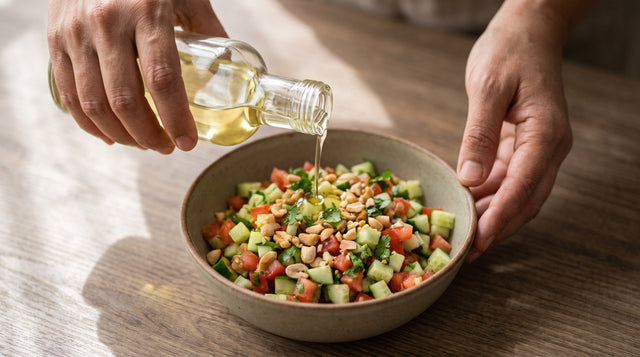Hands drizzling golden oil from a plain glass bottle onto a chopped cucumber and peanut koshimbir.