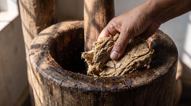 Hand collecting dry pressed seed cake from the wooden base of a traditional oil ghaani.