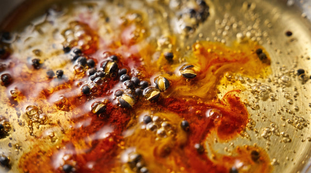 Close macro of hot cooking oil with mustard seeds splitting open and red chilli powder blooming into the fat.