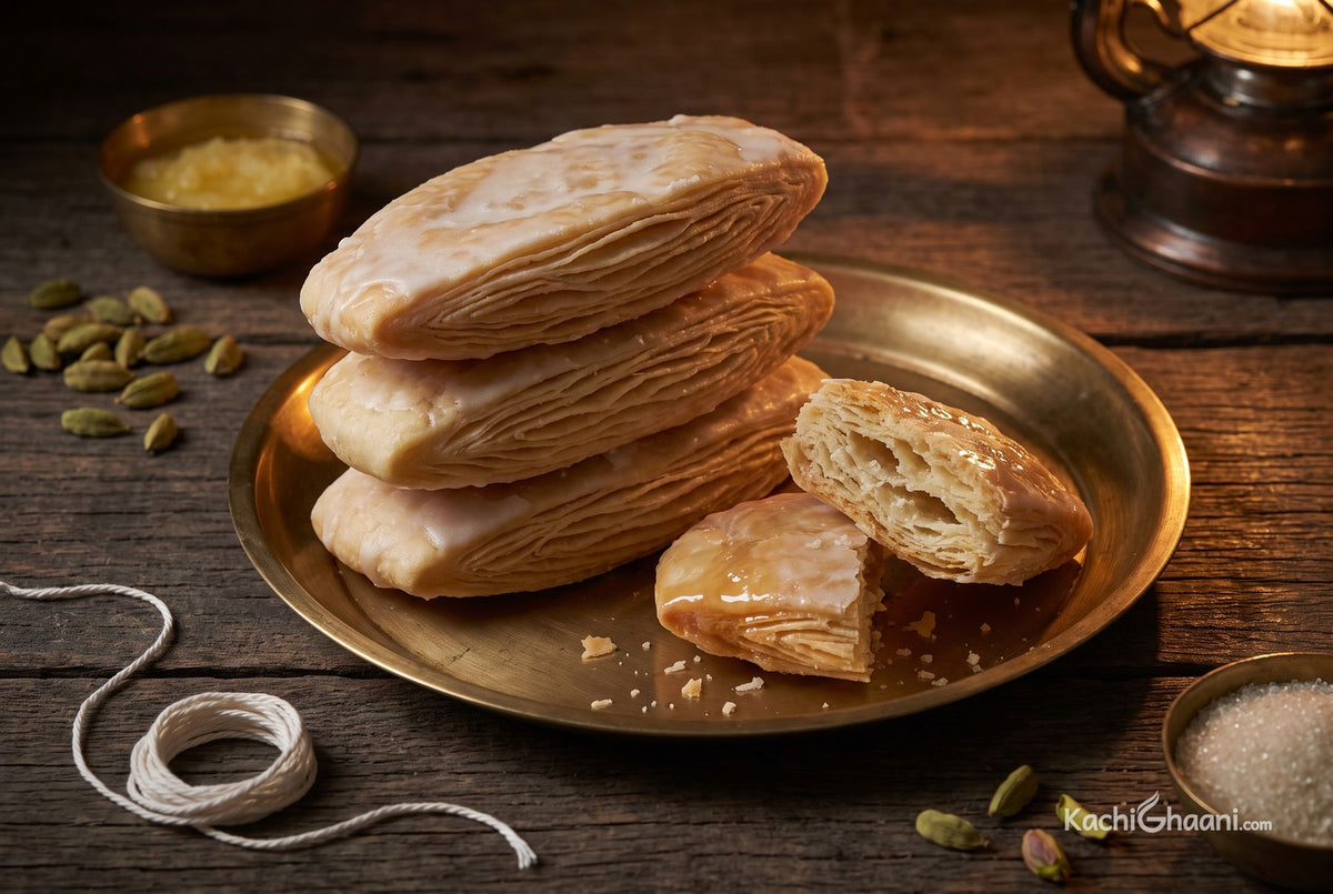 Khaja, a stack of four pale golden khaja