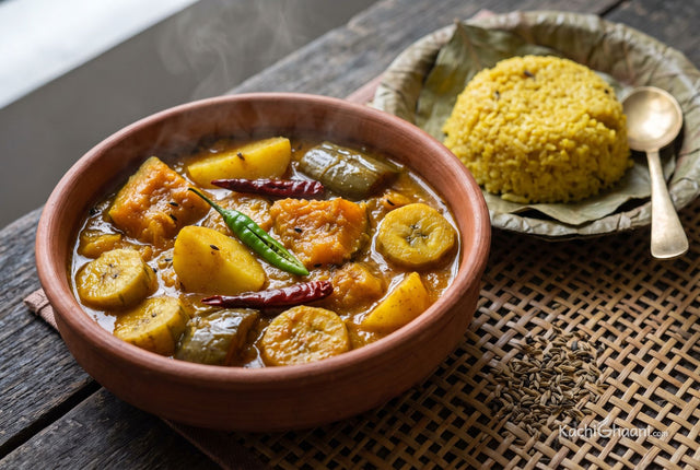 Bhoger Labra, a thick mixed vegetable stew in deep orange and gold, chunks of pumpkin half collapsed, wedges of potato