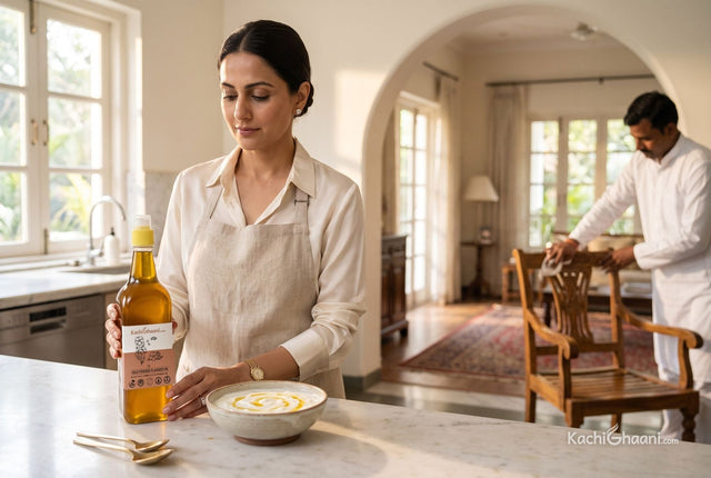Woman with flaxseed oil and a bowl of dahi while a craftsman oils a teak chair behind her, linseed oil vs flaxseed oil in one scene