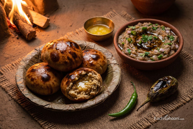 Baked sattu-stuffed litti cracked open over ghee, served beside smoky roasted brinjal chokha