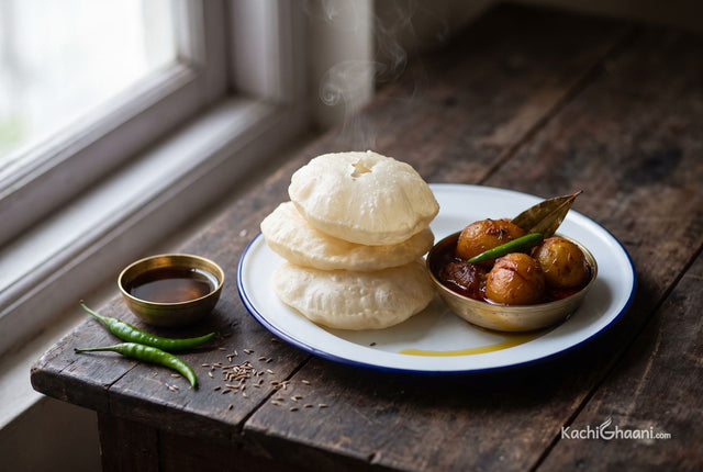 Luchi with Aloor Dom, four puffed white luchi, pale and unbrowned