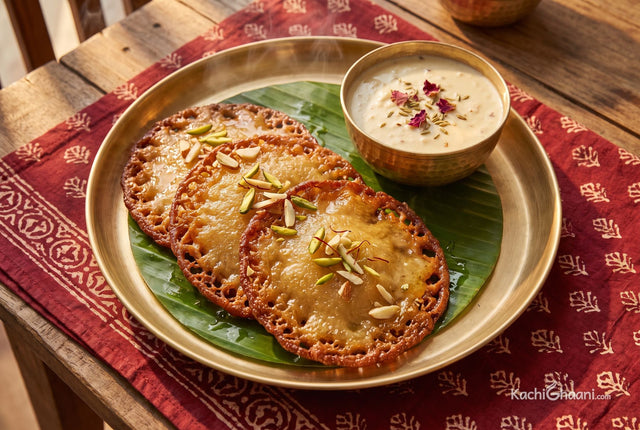 Golden malpua with crisp lacy edges soaked in dark jaggery syrup, served warm