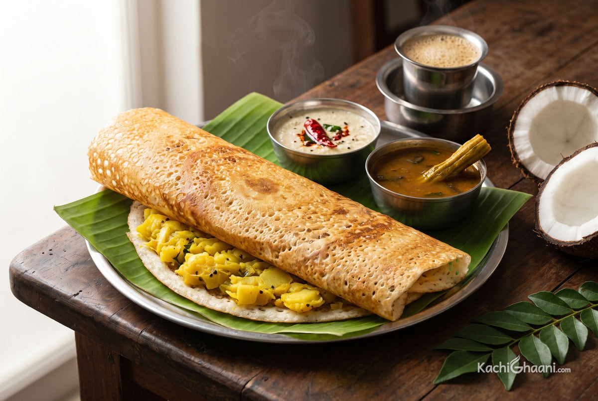 Crisp golden dosa wrapped around potato bhaji, served with sambar and coconut chutney