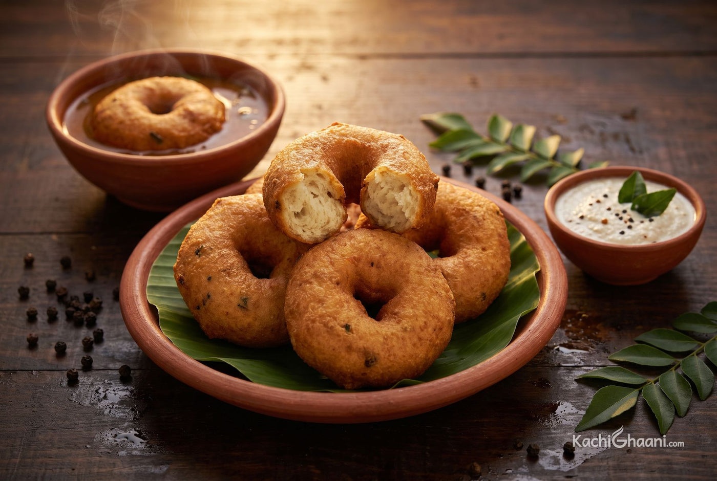 Crisp golden urad dal vadas served hot with sambar and coconut chutney