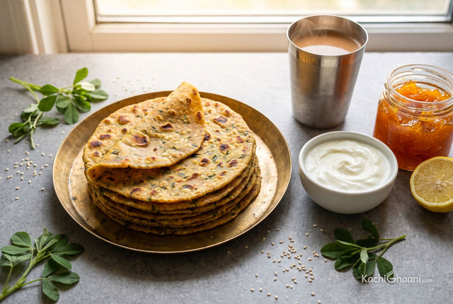 Soft spiced methi theplas stacked warm, served with thick curd and mango pickle