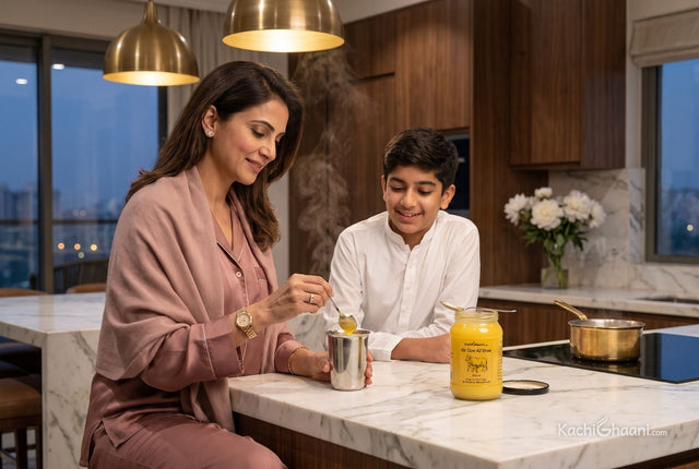 Mother stirring A2 ghee into a silver tumbler of warm milk at night, the bedtime habit behind milk with ghee benefits